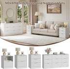 9 Drawer Fluted Dresser & Nightstand Set 3-Piece, 63” Long Dresser and Night Stand Set of 2, Fluted Modern Wood Chest of Drawers Storage Dressers Set for Bedroom, White