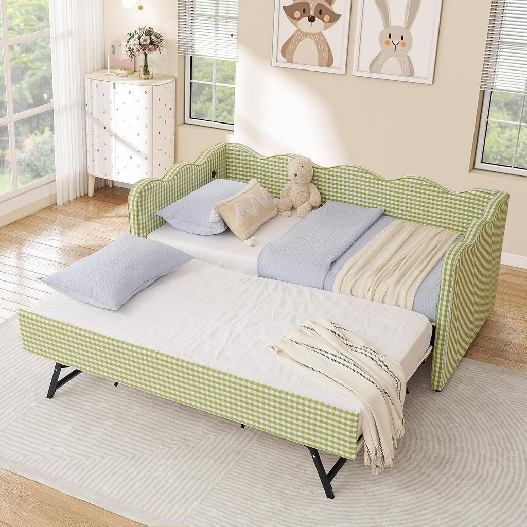 Twin Size Daybed with Pop Up Trundle, Linen Gingham Twin to King Daybed with USB Ports, Upholstered Day Bed Frame, Modern Sofa Bed for Living Room/Bedroom/Guest Room, No Box Spring Needed, Green
