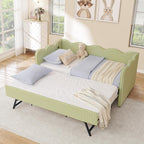 Twin Size Daybed with Pop Up Trundle, Linen Gingham Twin to King Daybed with USB Ports, Upholstered Day Bed Frame, Modern Sofa Bed for Living Room/Bedroom/Guest Room, No Box Spring Needed, Green