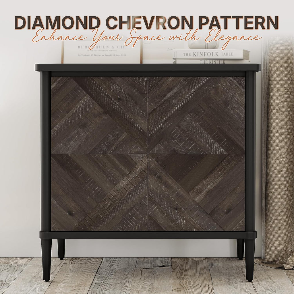 Howizz Lenia Solid Wood Storage Cabinet with Diamond Pattern Doors, Rustic Farmhouse Accent Cabinet for Living Room, or Entryway, Durable Acacia Wood, Mocha Black