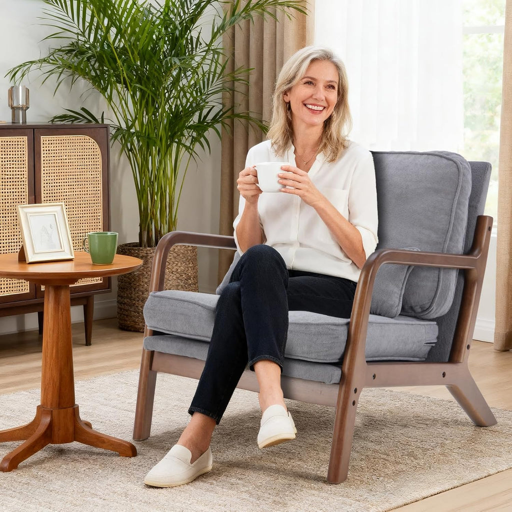 DUMOS Mid Century Accent Chair, Modern Living Room Chair with Arms and Waist Cushion, Reading Chairs for Adults, Lounge Chair for Bedroom, Solid Wooden Frame, Light Grey