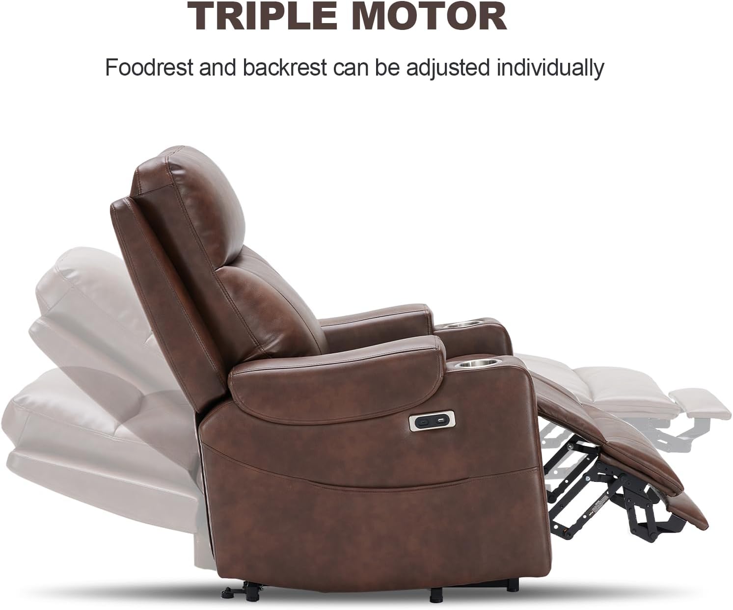 Triple Motor Power Lift Recliner Chair with Adjustable Lumbar Support, Lay Flat Recliner for Elderly, Breathable Brown Leather Recliner, Lift Chair Massage & Heating, USB Ports, Cup Holders