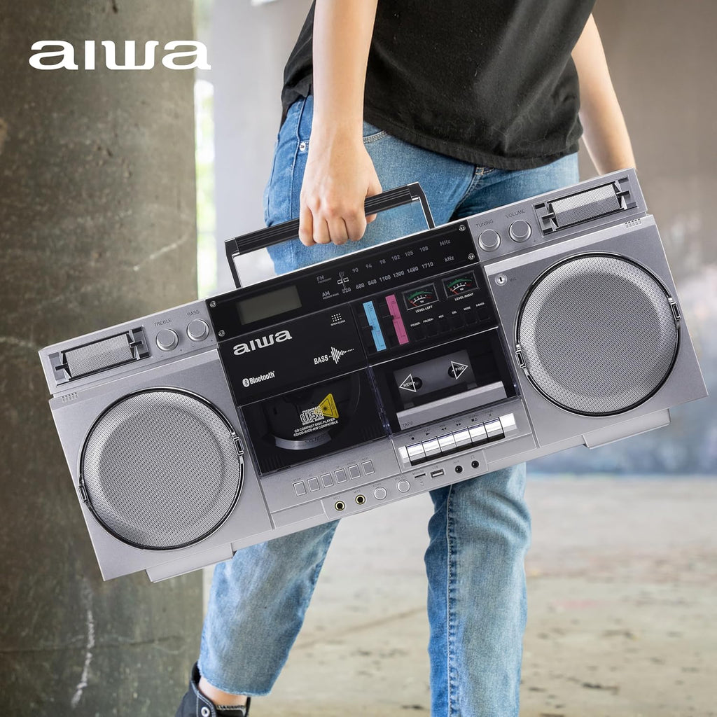aiwa Retro Boombox CD Player with Cassette Recording  Bluetooth 5.0  FM/AM Radio  USB/SD/AUX Inputs  VU Meters  LCD Display  Dual 40W Speakers - Silver