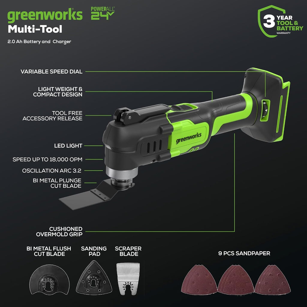 Greenworks 24V Cordless Multi-Tool, Oscillating Tool for Cutting/Nailing/Scraping/Sanding with 6 Variable Speed Control, 2.0Ah Battery, 2A Charger and 13 Accessories Included