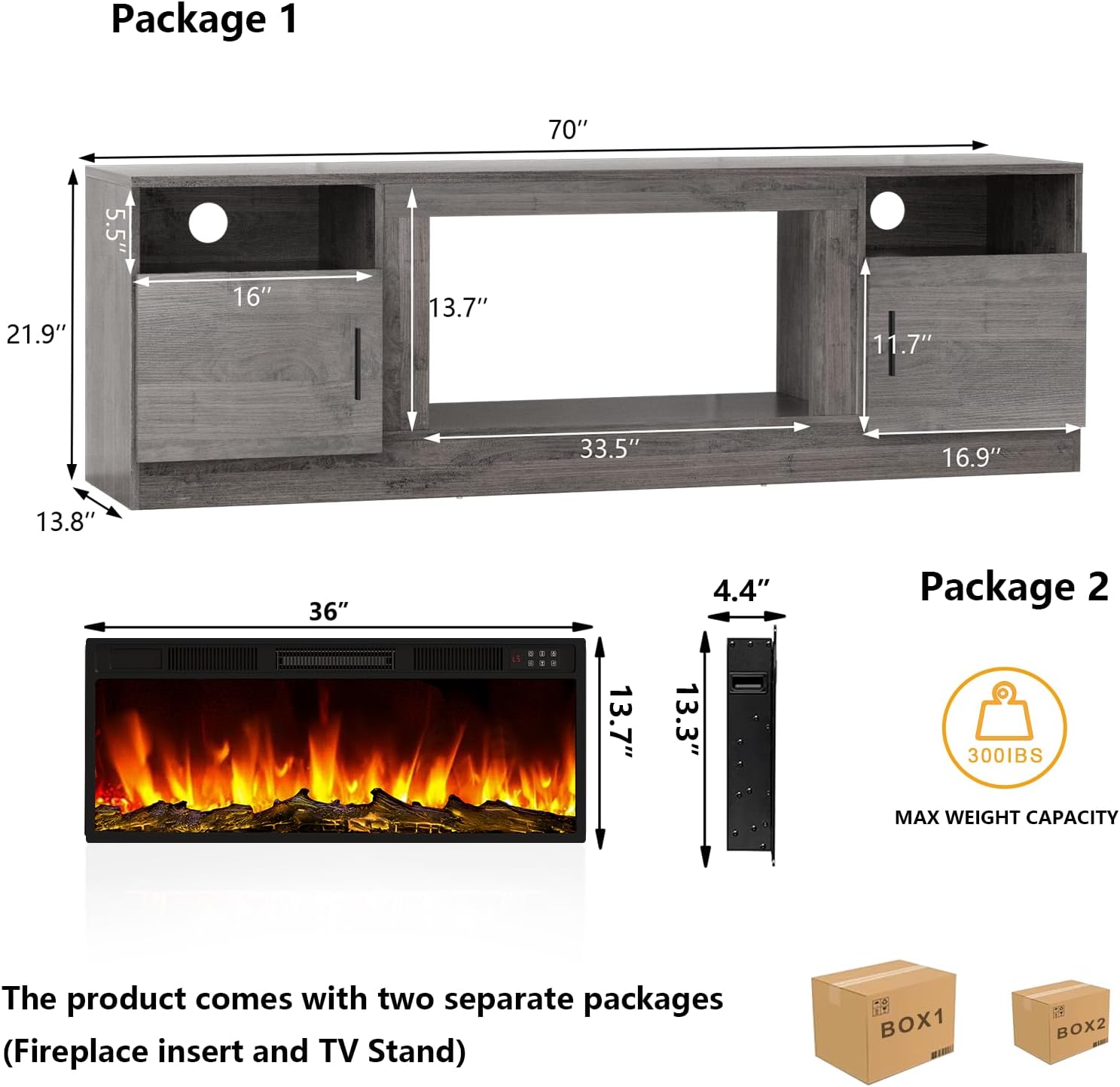 Tavata Fireplace TV Stand Entertainment Center with 36" Fireplace, 70" Wooden TV Console for TVs Up to 80", Modern TV Stands for Living Room with High Gloss Storage Cabinet and LED Lights (Grey)