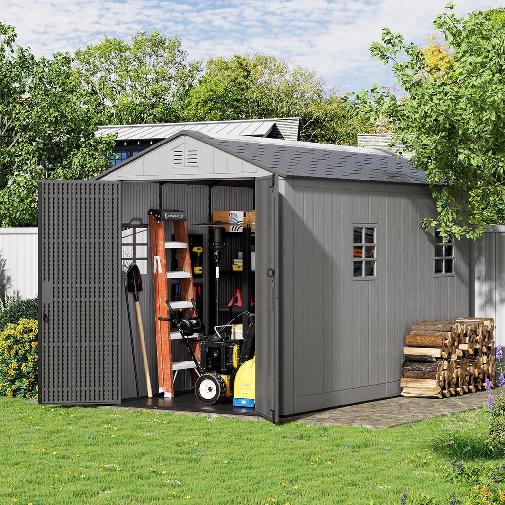 ZZM Outdoor Storage Shed 6x11 Ft  All-Weather Resistant Resin Garden Sheds & Outdoor Storage Clearance with Floor and Windows  Double-Layer Plastic Tool Shed for Backyard  Patio & Lawn (Gray)