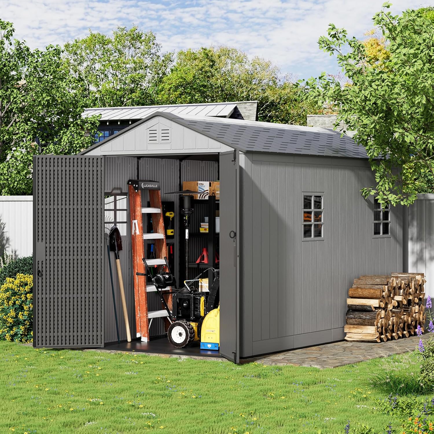 ZZM Outdoor Storage Shed 6x11 Ft  All-Weather Resistant Resin Garden Sheds & Outdoor Storage Clearance with Floor and Windows  Double-Layer Plastic Tool Shed for Backyard  Patio & Lawn (Gray)