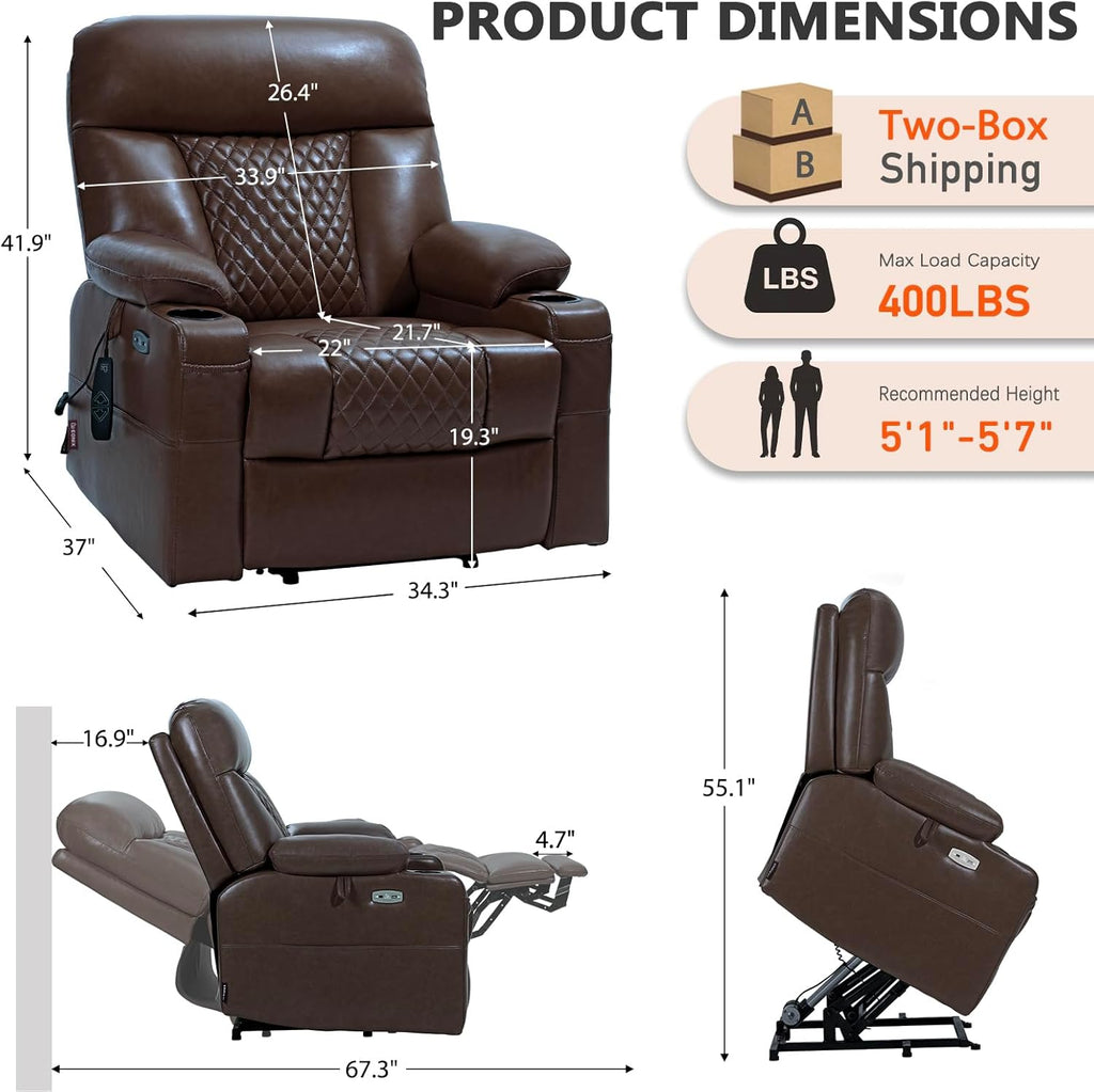 EONIX Small Power Lift Recliner Chair for Elderly with Heat and Massage, 400lbs Heavy Duty Electric Recliner Chairs for Adults with Cup Holders and USB Charging Ports, SLRY019020, Dark Brown