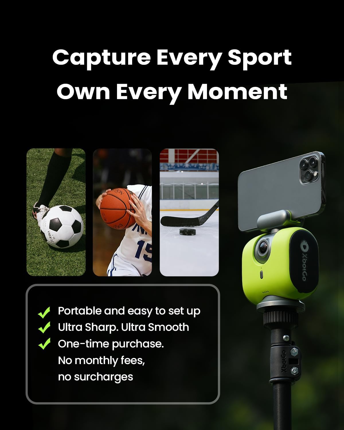 XbotGo Chameleon AI Auto Sports Action Camera - 4K 60FPS Soccer Camera and Basketball Tracking Camera for Team Sports  Live Streaming  No Subscription  Works with iOS & Android (Lava Graphite)