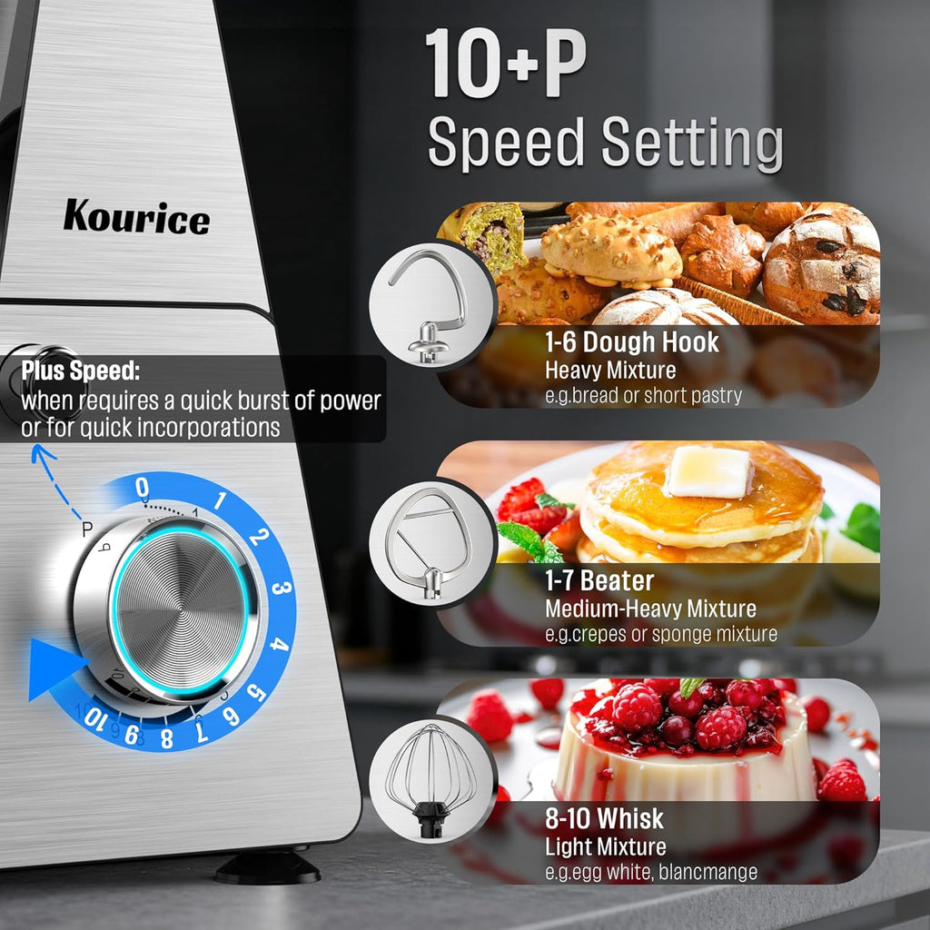 Stand Mixer Body with Stainless Steel Cladding Pro-Grade Powerful Kitchen Mixer for Baking Bread Dough Cake 10+p Speed Tilt-Head Electric Food Mixer With 6.5QT Bowl Dough Hook Wire Whisk Flat Beater