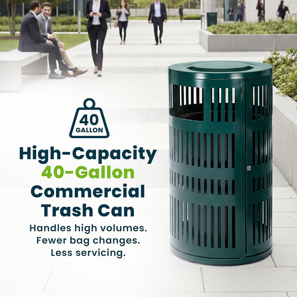 Alpine 40 Gallon Commercial Outdoor Trash Can with Lid, Weather Resistant, Locking Steel Waste Receptacle with Pull-Out Liner, Heavy Duty Galvanized Garbage Bin for Parks, Schools, City Streets- Green