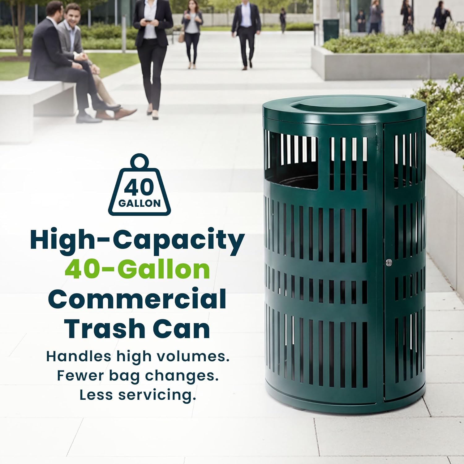Alpine 40 Gallon Commercial Outdoor Trash Can with Lid, Weather Resistant, Locking Steel Waste Receptacle with Pull-Out Liner, Heavy Duty Galvanized Garbage Bin for Parks, Schools, City Streets- Green