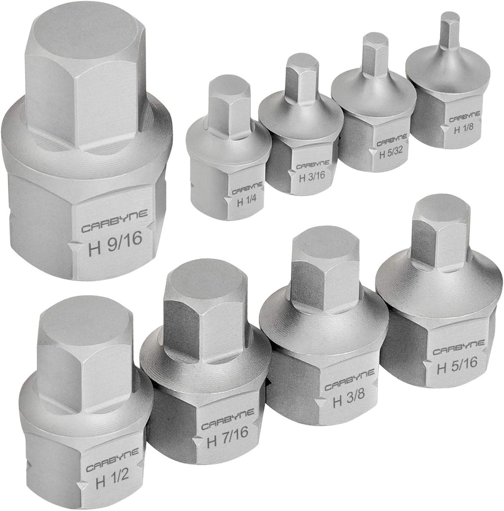 CARBYNE 9-Piece Stubby Low Profile Hex Bit Socket Set SAE S2 Steel Super Short Allen Sockets with Dual Drive Internal Square and External Hex for Tight Confined Spaces