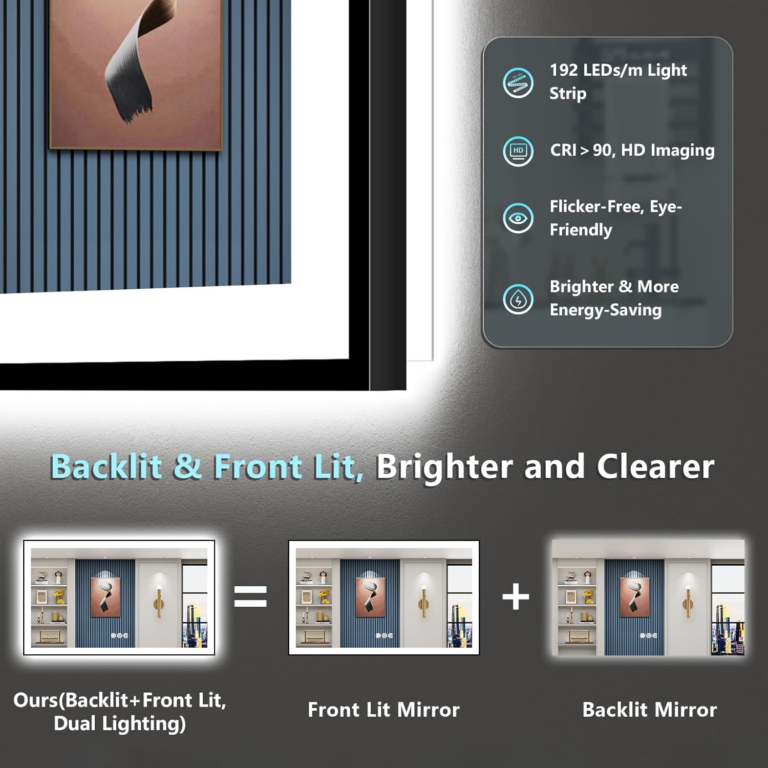 66x36 Black Framed LED Bathroom Mirror with Lights, Backlit and Front Lit Anti-Fog Lighted Vanity Mirrors for Bathroom Wall, Dimmable, 3 Colors, Memory, HD Tempered Glass, Horizontal/Vertical