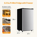 Mini Fridge with Freezer, 3.2 Cu.Ft Mini Refrigerators, Small Beverage Fridge with Adjustable Thermostat, for Bedroom, Office, Dorm, Single Door, Quiet & Energy Saving, Silver