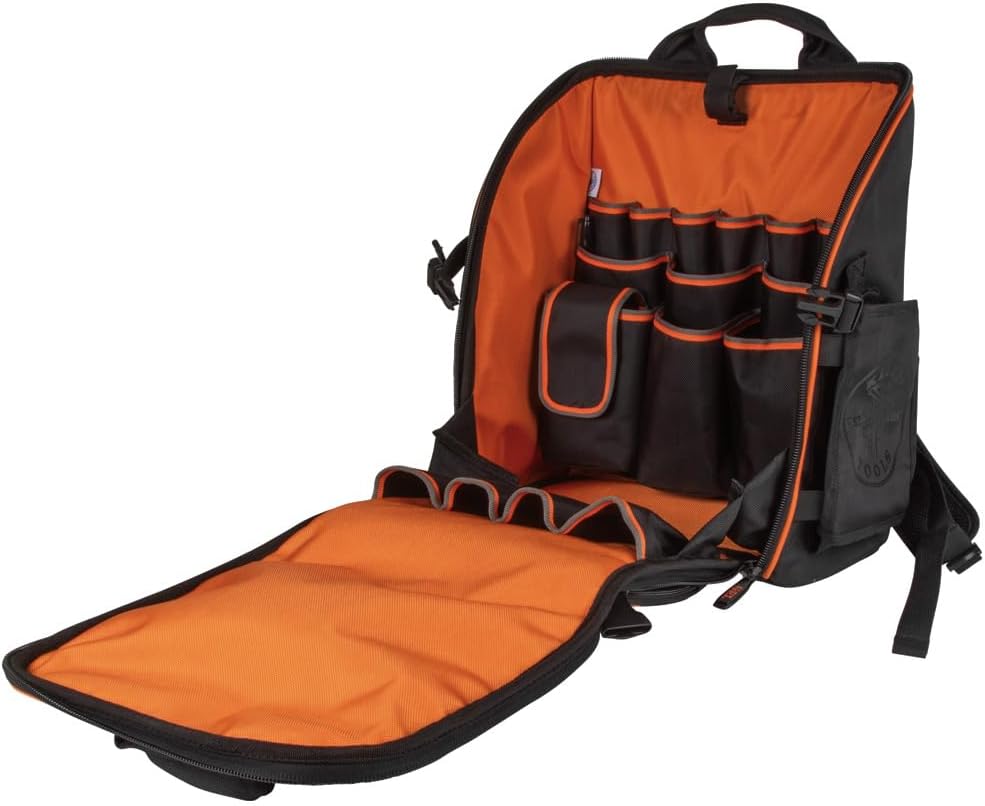 Klein Tools 55482 Tool Bag Backpack, Heavy Duty Tradesman Pro Tool Organizer with 21 Pockets and Large Interior, Water Resistant