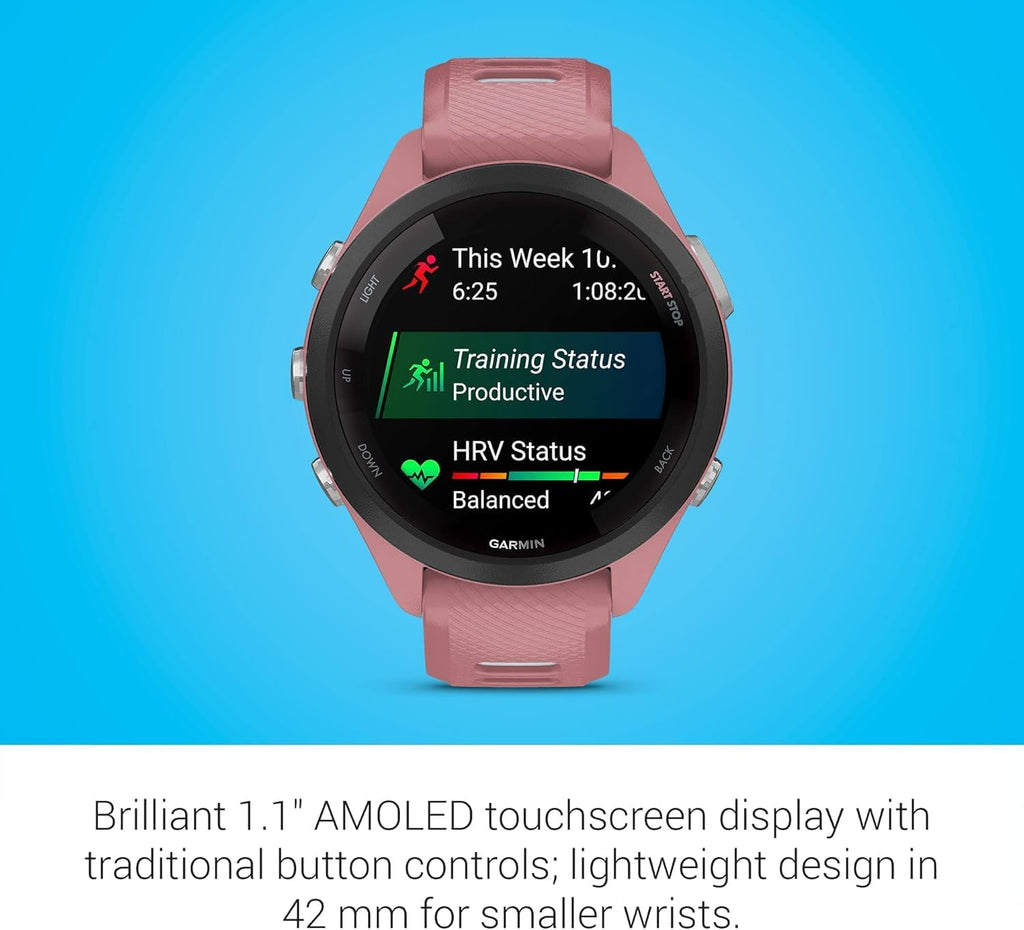 Garmin Forerunner 265S Running Smartwatch  Colorful AMOLED Display  Training Metrics and Recovery Insights  Light Pink and Powder Gray (Renewed)