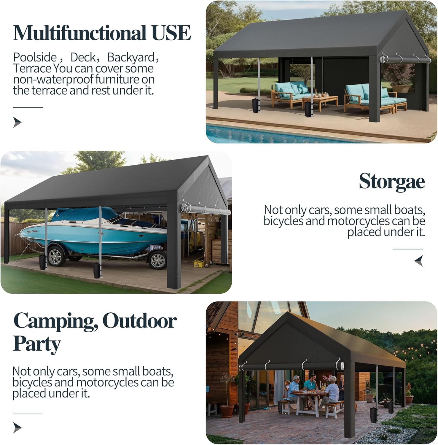 Shintenchi 12x20 FT Heavy-Duty Design Carport,Portable Garage Canopy,Carport Canopy with Side-Opening Removable Door & Roll-Up Window,Portable Car Port for Car, Truck, Boat,Grey