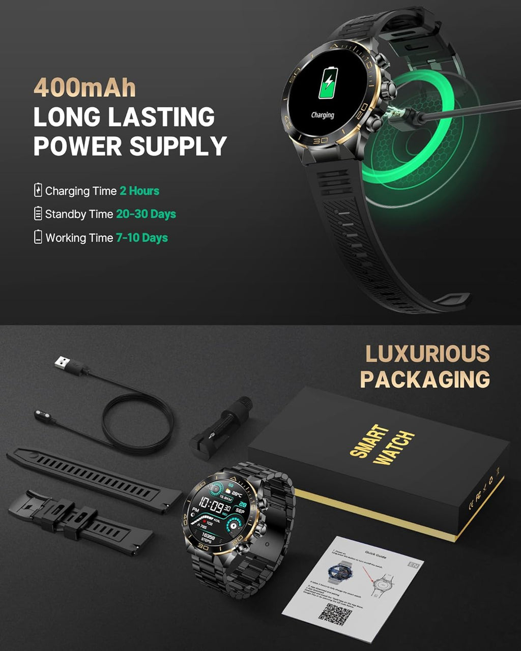 Smart Watch for Men Answer/Make Call for Android iPhone  1.43" AMOLED HD Screen Mens Luxury Watch  400mAh Heavy Duty Smartwatch Heart Rate Blood Oxygen Blood Pressure Sleep Monitor Pedometer  2 Straps