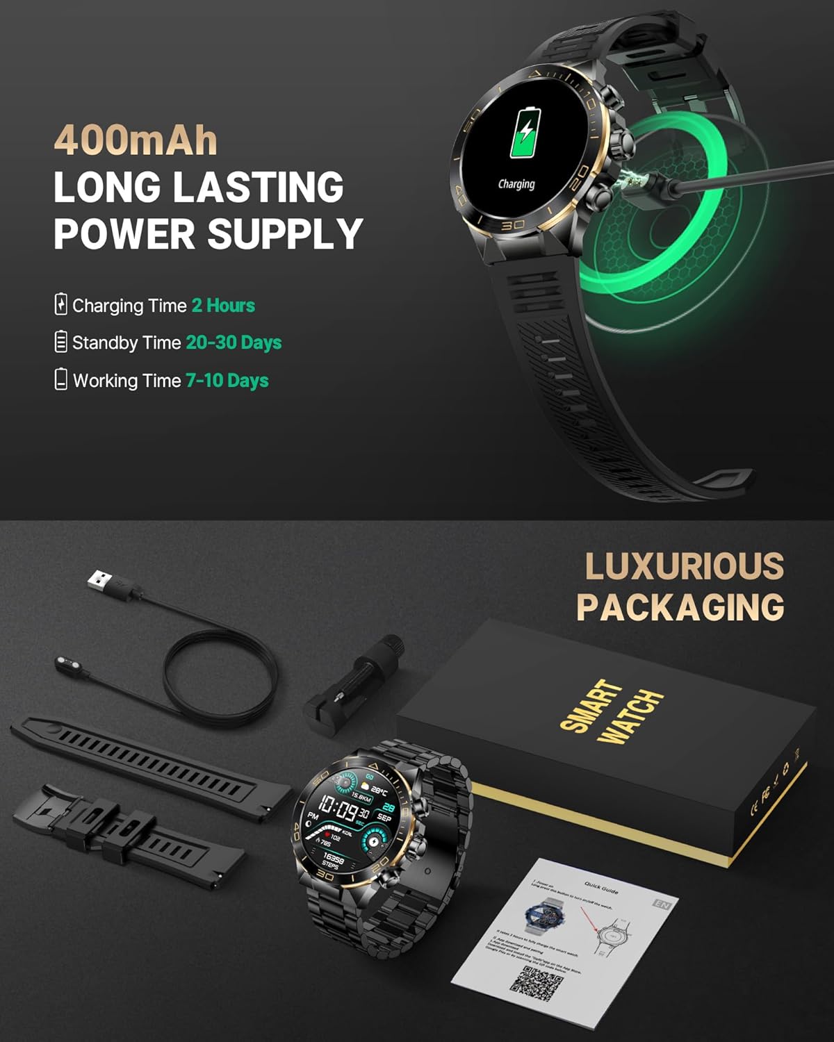 Smart Watch for Men Answer/Make Call for Android iPhone  1.43" AMOLED HD Screen Mens Luxury Watch  400mAh Heavy Duty Smartwatch Heart Rate Blood Oxygen Blood Pressure Sleep Monitor Pedometer  2 Straps