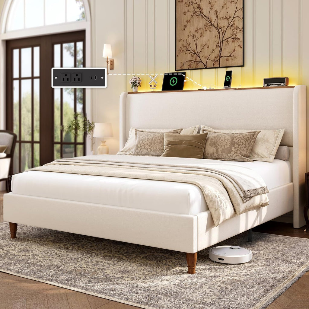 LARMACE King Size Bed Frame with LED Lights and Charging Station Linen Upholstered Platform Bed Frame with 51.2" Tall Wingback Headboard and Storage Shelf, No Box Spring Needed, Easy Assembly, Beige