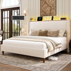 LARMACE King Size Bed Frame with LED Lights and Charging Station Linen Upholstered Platform Bed Frame with 51.2" Tall Wingback Headboard and Storage Shelf, No Box Spring Needed, Easy Assembly, Beige