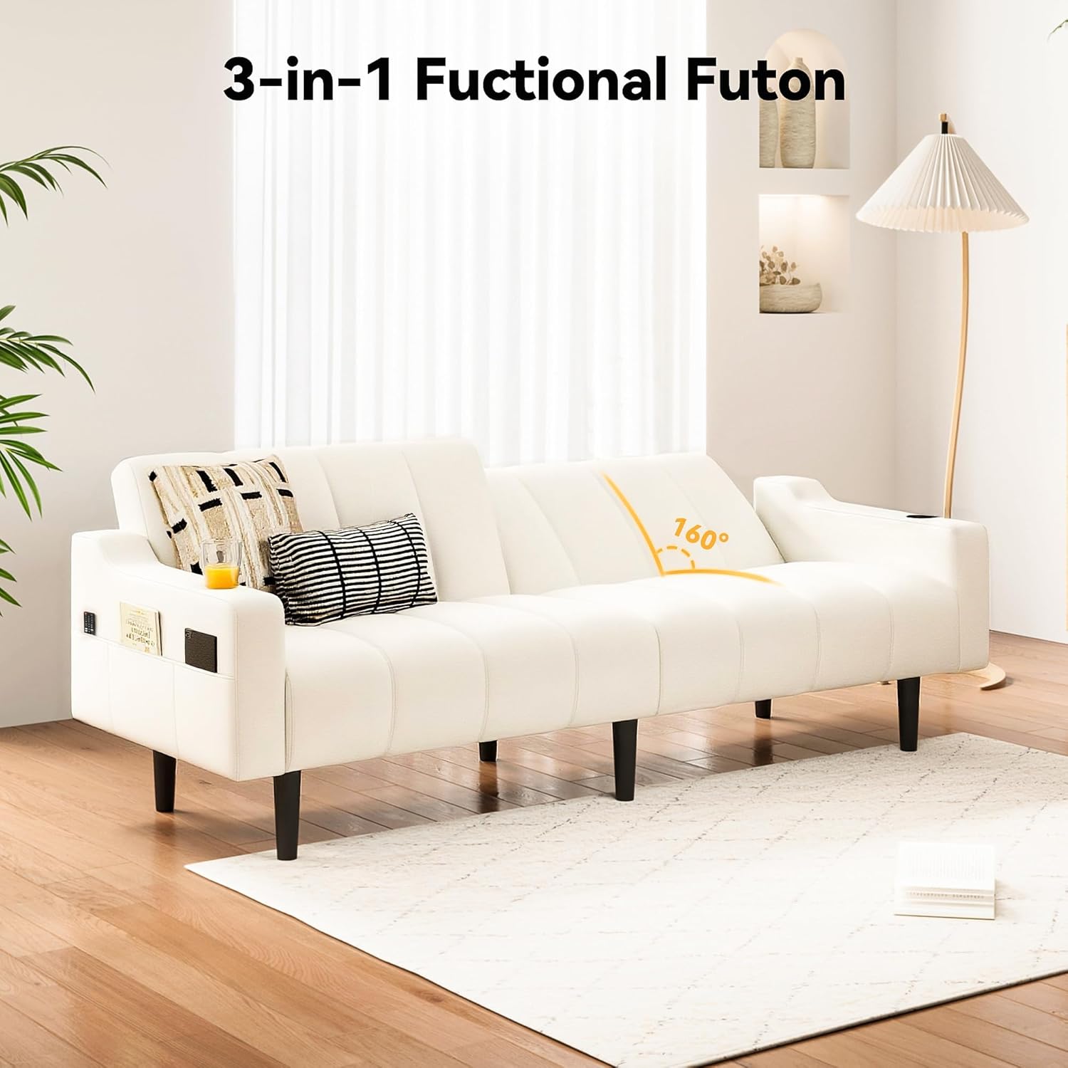 Brelice 80'' Leather Couch, Futon Sofa Bed, Faux Leather Couch with Adjustable Backrest, 2 Cup Holders & Side Pockets, Mid Century Modern Sofa for Living Room, Bedroom, Cream White