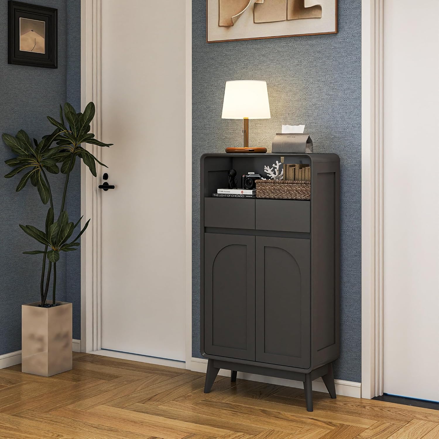 Bathroom Storage Cabinet, Tall Kitchen Storage Cabinet with Drawers and Shelves, Corner Coffee Bar Table Freestanding Sideboard for Living Room, Entryway, Black