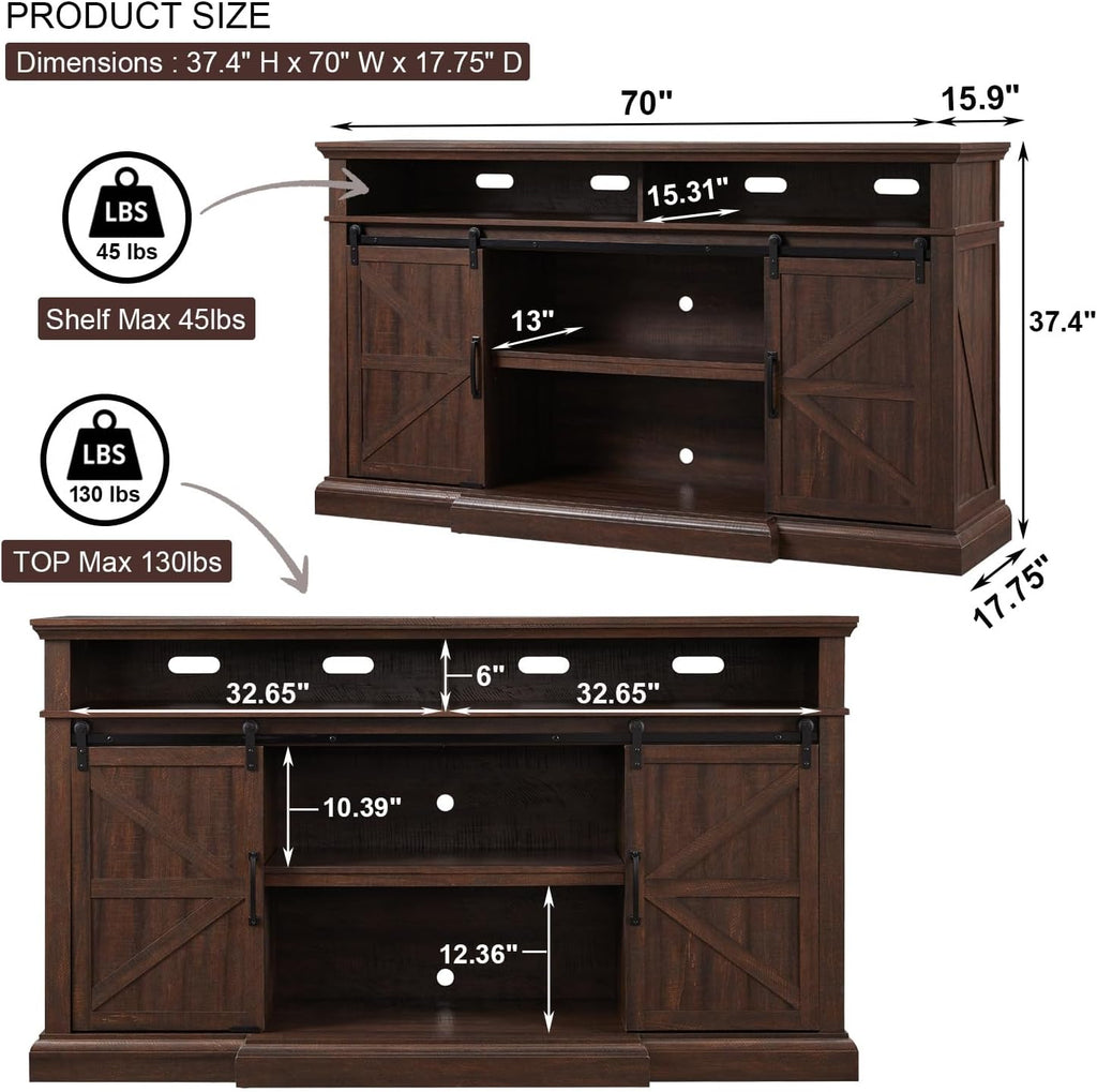 Farmhouse TV Stand for 80 Inch TVs, 37.4"Tall Entertainment Center w/Storage Cabinets and Sliding Barn Door, Media Console Cabinet w/Soundbar & Adjustable Shelves for Living Room, 70 inch (Brown)