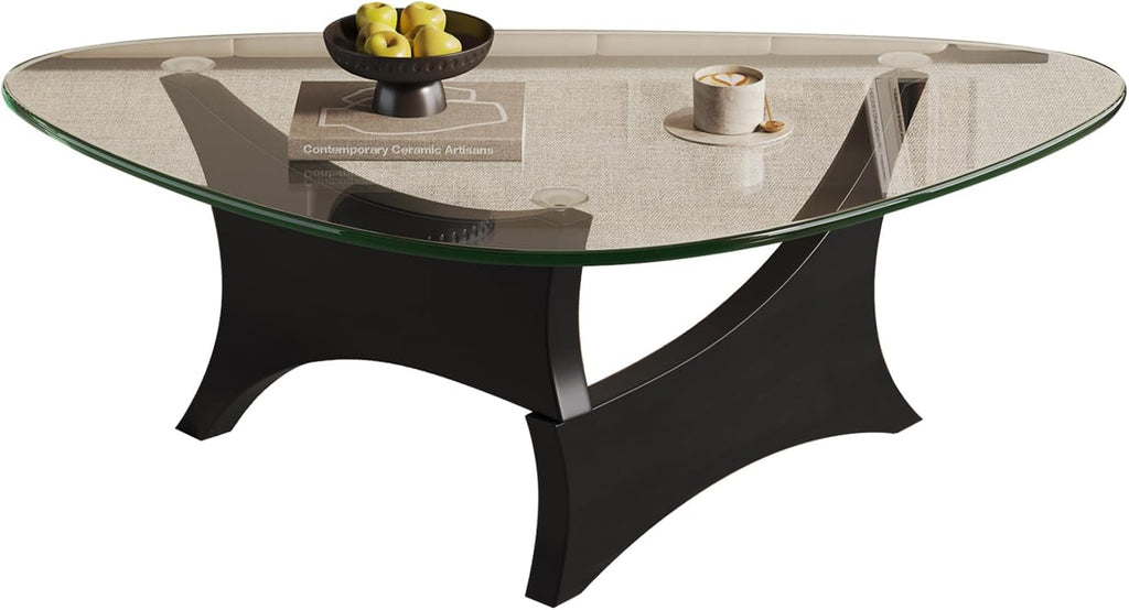 Glass Coffee Table Mid-Century Modern Coffee Table for Living Room Center Table Suitable for Bedroom Living Room Reception Office Tables（Black/Transparent，Medium）