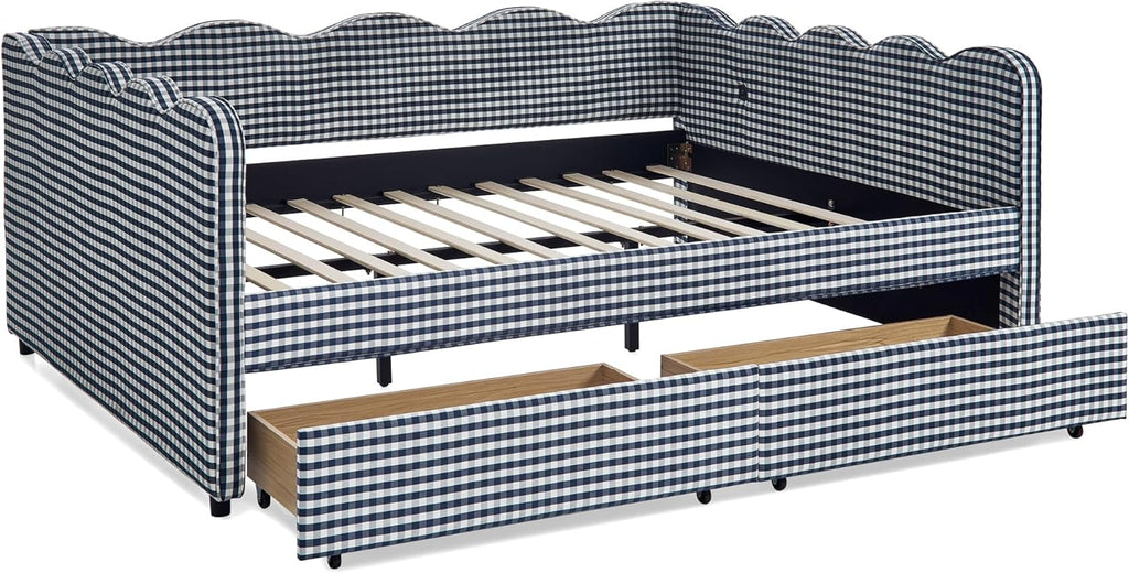 DEINPPA Queen Size Upholstered Daybed with 2 Storage Drawers, Gingham Daybed with USB Ports for Bedroom Living Room Guest Room-Navy