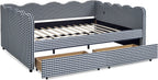 DEINPPA Queen Size Upholstered Daybed with 2 Storage Drawers, Gingham Daybed with USB Ports for Bedroom Living Room Guest Room-Navy