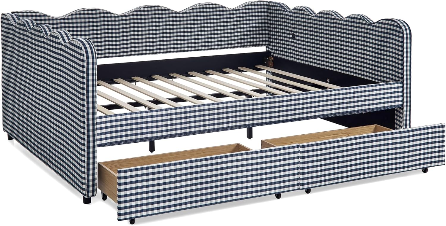 DEINPPA Queen Size Upholstered Daybed with 2 Storage Drawers, Gingham Daybed with USB Ports for Bedroom Living Room Guest Room-Navy