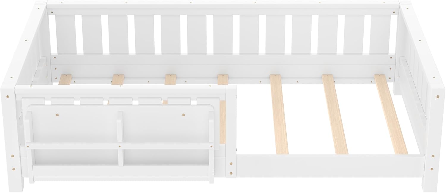 Bellemave Twin Floor Bed with Slats and Safety Guardrail, Twin Size Montessori Floor Bed with Fence and Built-in Bookshelf, Easy Assemble Montessori Beds for Kids, Girls, Boys, White
