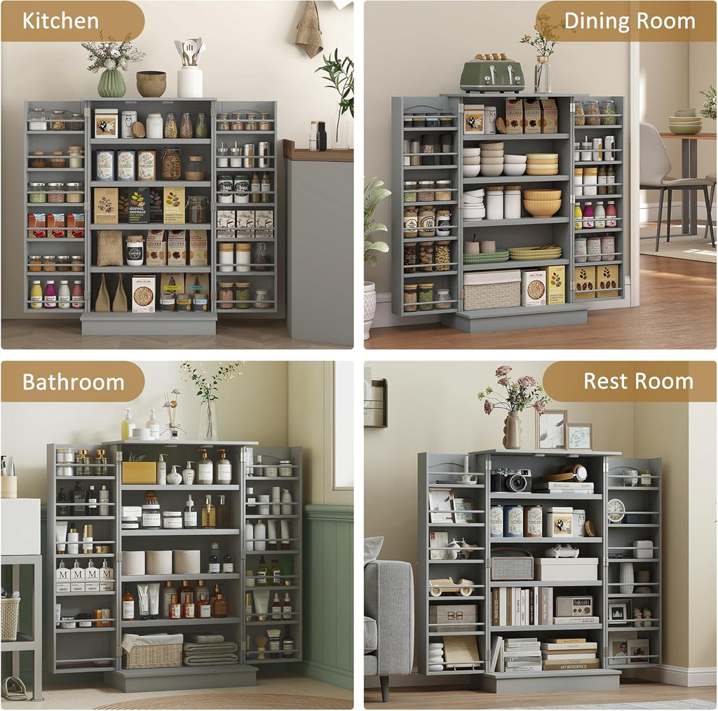HOMCOM 41" Kitchen Pantry Storage Cabinet, Freestanding Kitchen Cabinet with 12 Door Shelves, Double Doors, 5-Tier Shelving and Adjustable Shelves, Gray