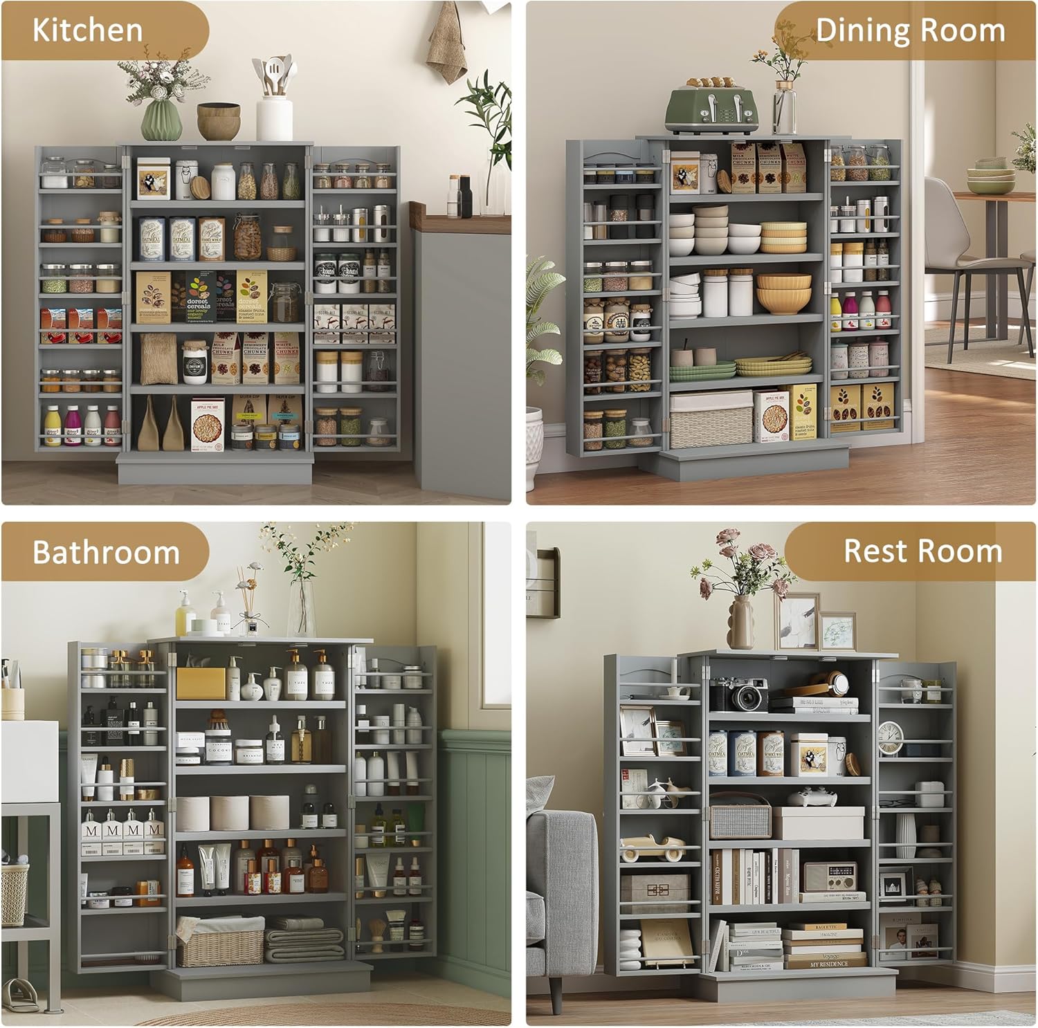HOMCOM 41" Kitchen Pantry Storage Cabinet, Freestanding Kitchen Cabinet with 12 Door Shelves, Double Doors, 5-Tier Shelving and Adjustable Shelves, Gray