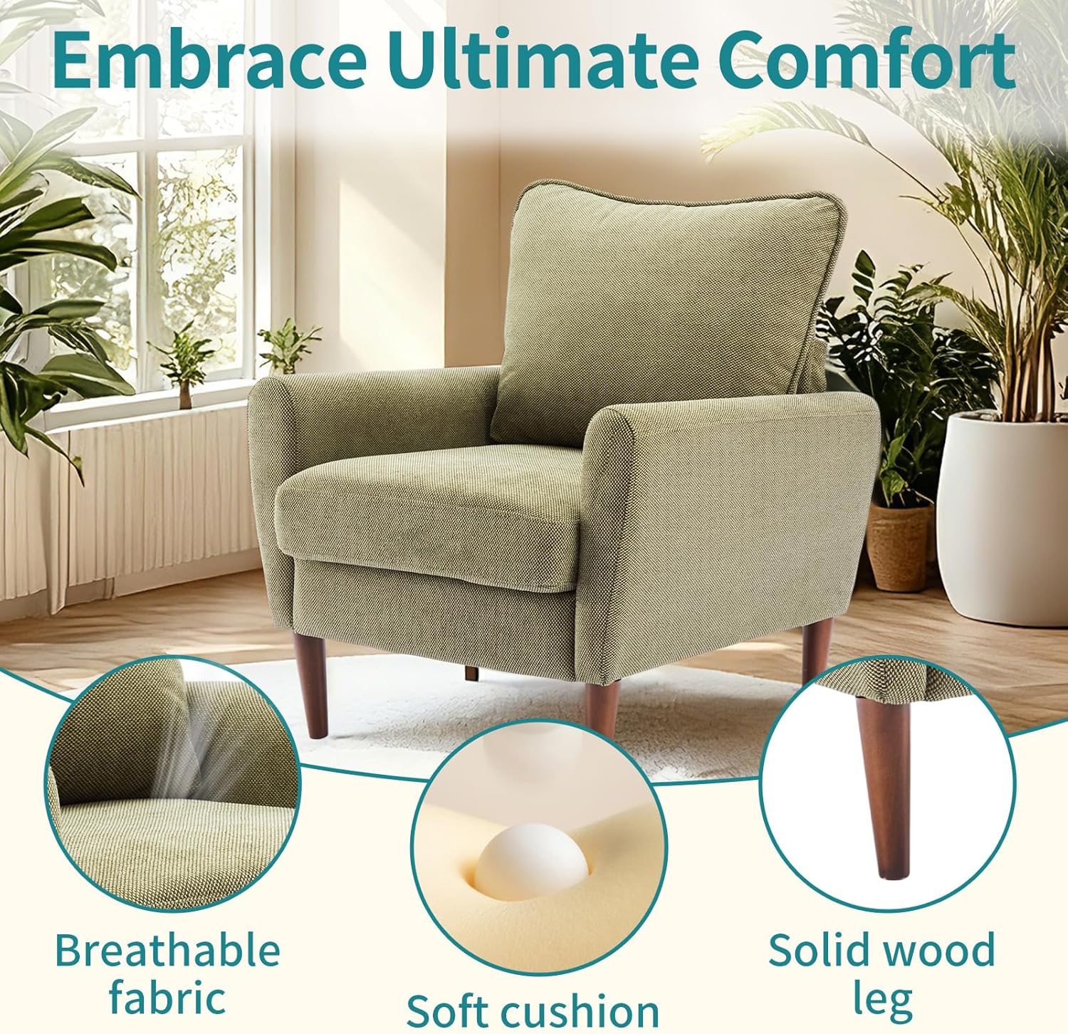 OLIXIS Comfy Accent Chair for Living Room Bedroom and Waiting Room, Upholstered Mid-Century Reading Chair with Pillow and Solid Wood Legs, Wide Singe Modern Lounge Sofa (Green)