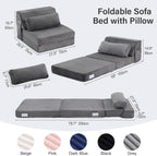 Folding Sofa Bed with Pillow, Convertible Sleeper Chair, Comfy Floor Futon Couch Mattress Lounge Lounge Sofa for Adults Portable Fold Out Chair Bed for Living Room Bedroom, Single, Gray