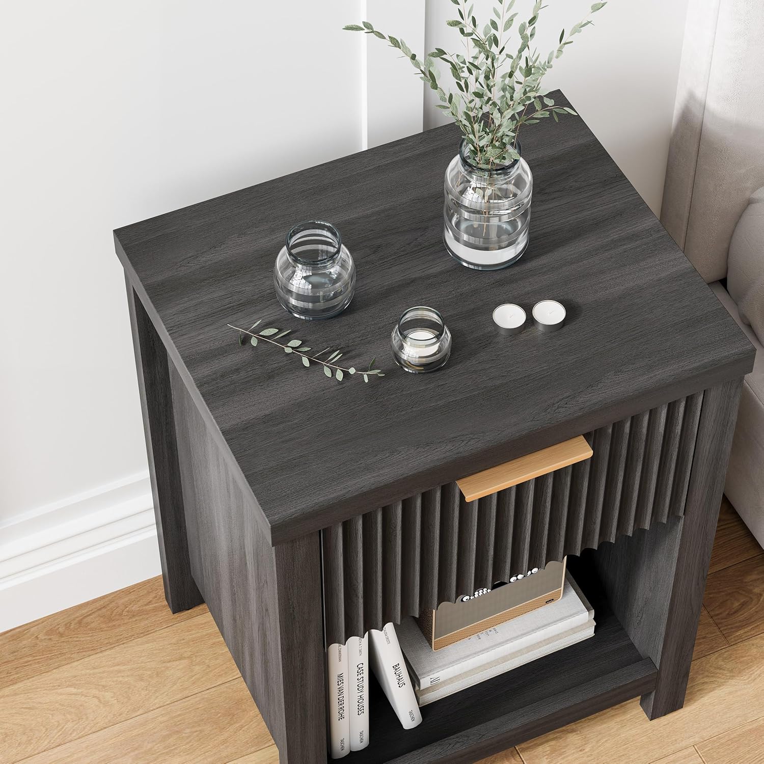 Fluted Nightstands Set of 2, Brooklyn Night Stand with Drawers, Modern Beside Table with Storage, Small End Table for Bedroom Living Room Small Space (2, Grey) BNS101BG-2