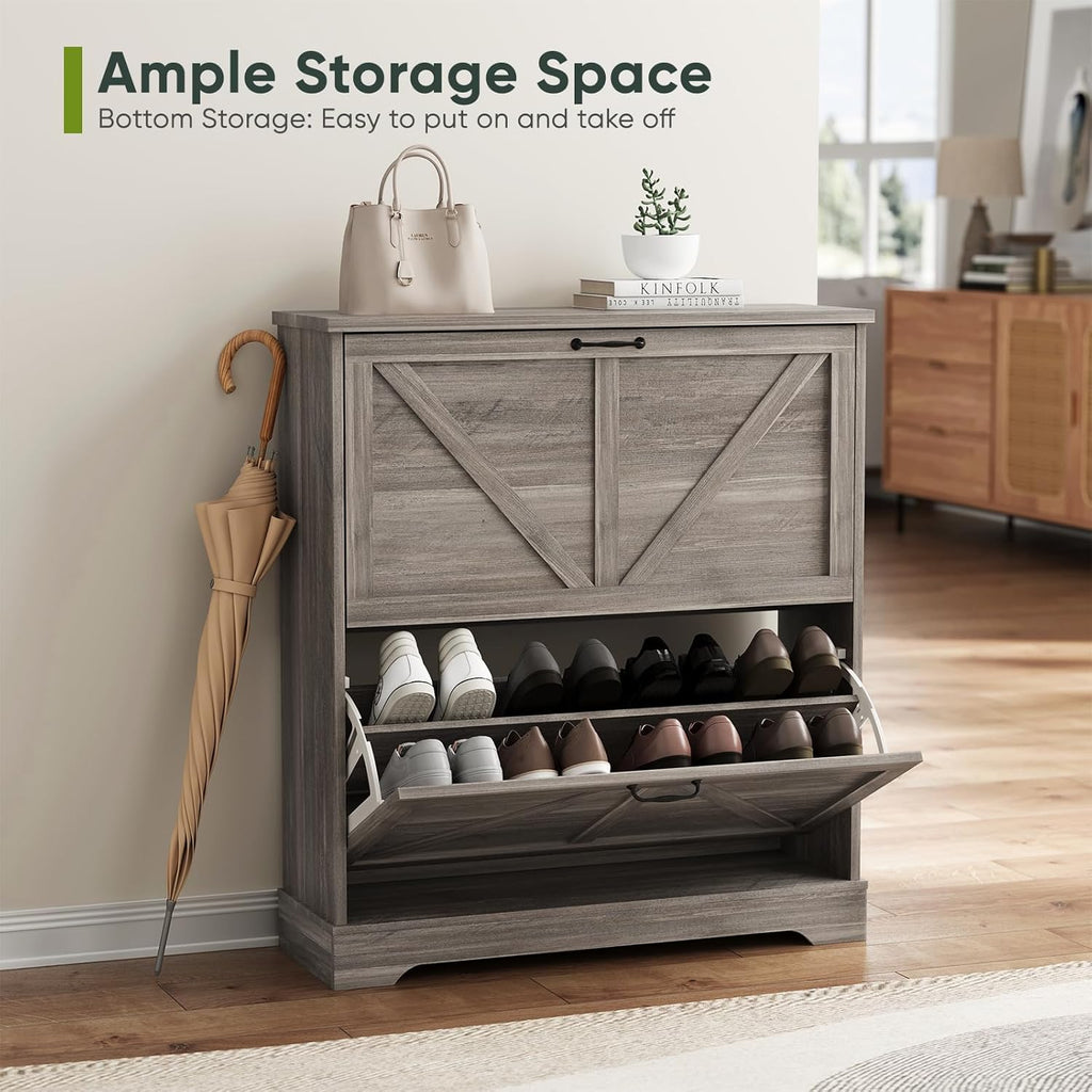 Smart FENDEE Shoe Storage Cabinet with 2 Flip Drawers, Farmhouse Narrow Shoe Cabinet Storage for Entryway, Slim Shoe Rack Cabinet with Wooden Feet, Gery