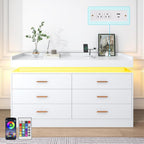 6 Drawer Dresser with Charging Station and LED Lights, Modern Chest of Drawers with Power Outlet, Organizer Cabinet for Bedroom, Living Room, White