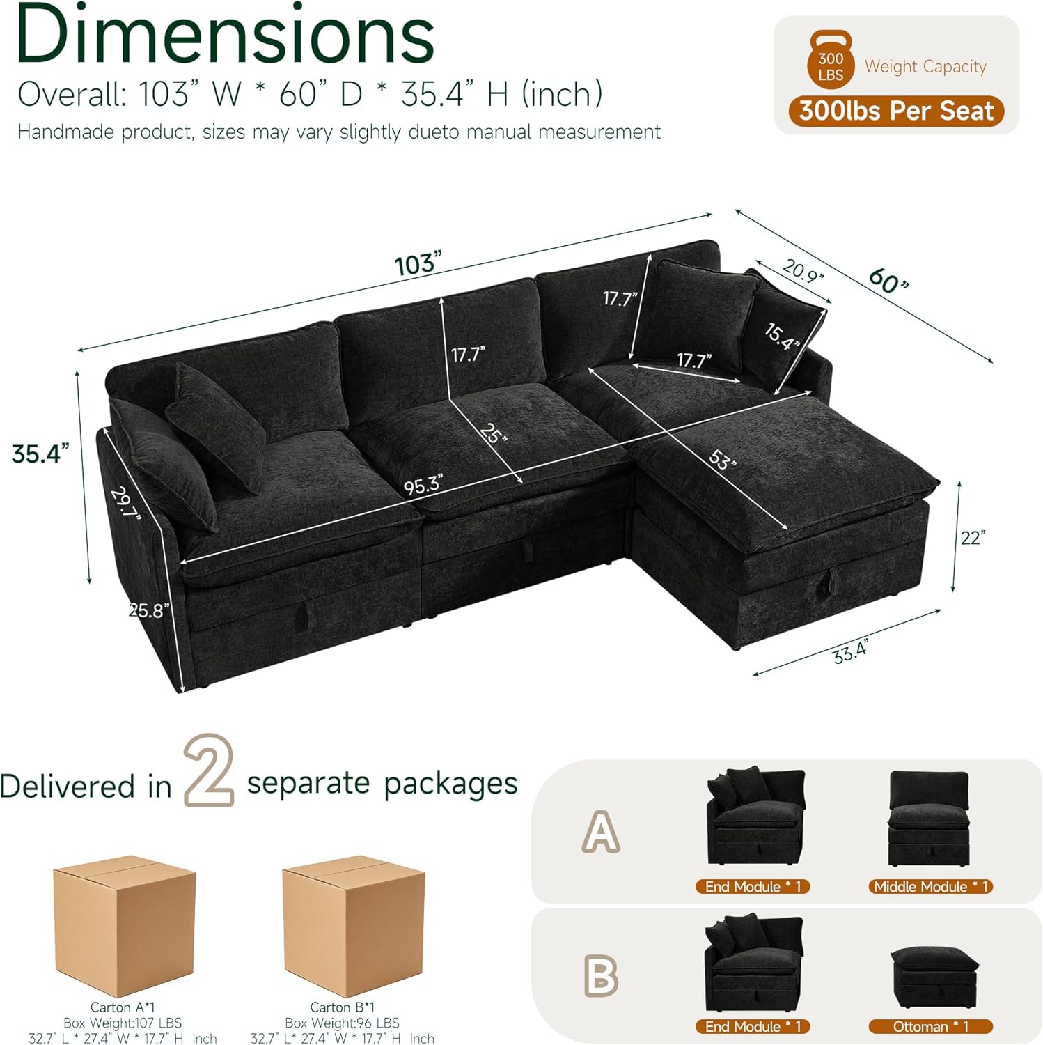 Modular Sofa with Storage, 103" L Shape Sectional Cloud Couch, Comfy Fabric Couch with Movable Ottoman, 4 Seat Modern Deep Seat Sofa for Living Room (Black Chenille)