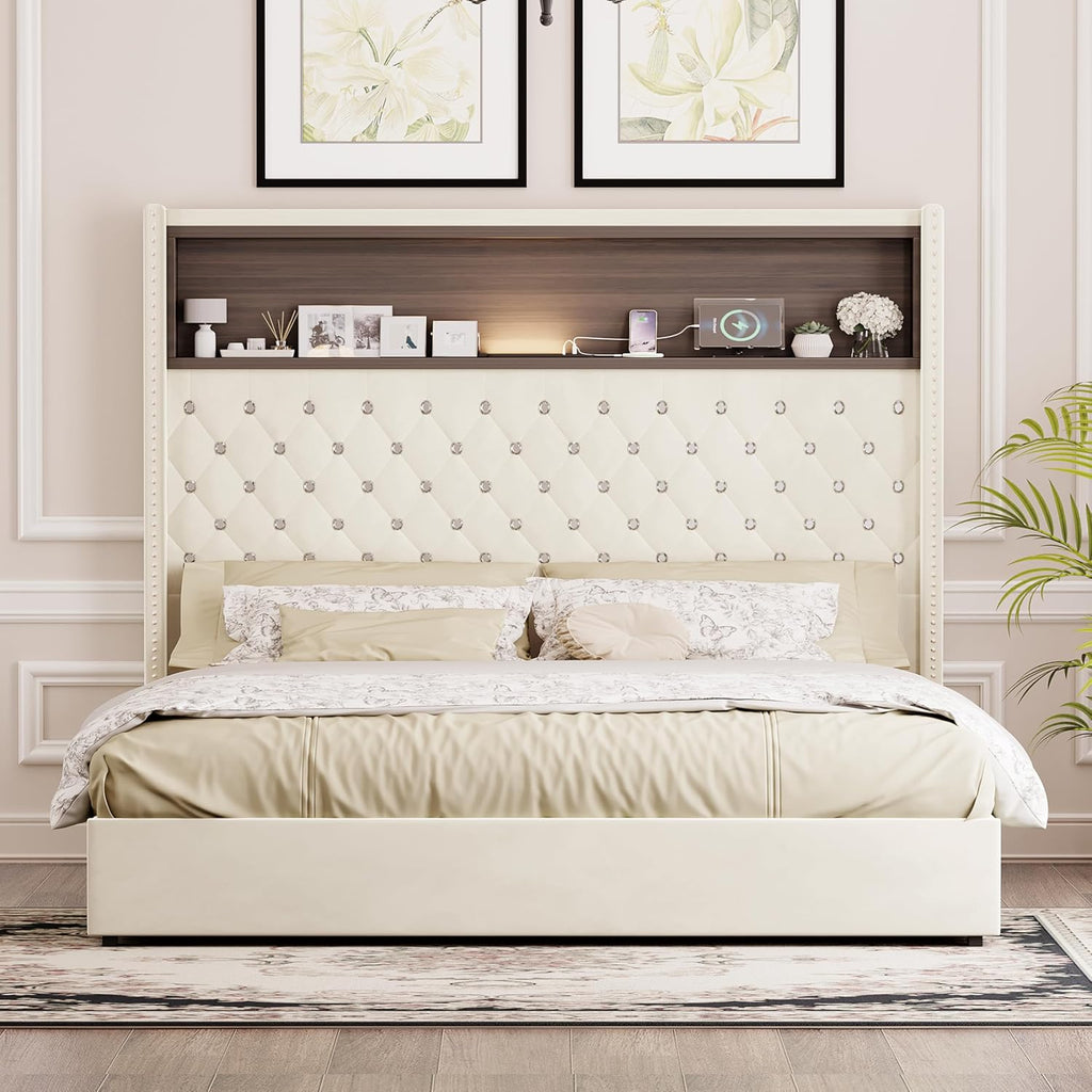 Merax Queen Size Velvet Bed Frame with 52'' High Headboard, USB Charging Port and Night Light, Soft Tufted Upholstered & Rivet Decoration, Wing-Back Platform Bed, Beige