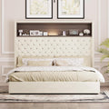 Merax Queen Size Velvet Bed Frame with 52'' High Headboard, USB Charging Port and Night Light, Soft Tufted Upholstered & Rivet Decoration, Wing-Back Platform Bed, Beige