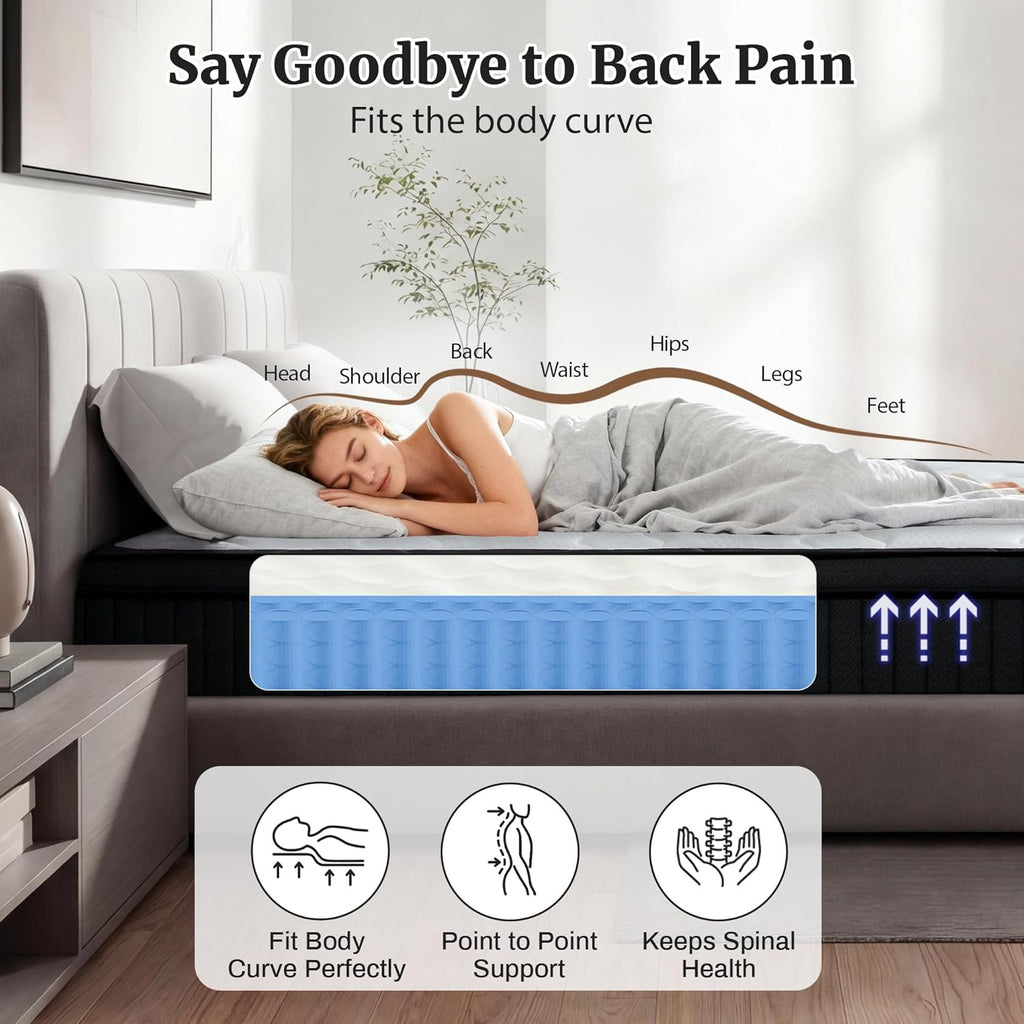 Sunny Heart 14 Inch Queen Size Mattress, Hybrid Memory Foam Mattress in a Box, Pocket Springs for Pressure Relief and Comfy Support, Motion Isolation, Medium Firm Feel, CertiPUR-US Certified（White）