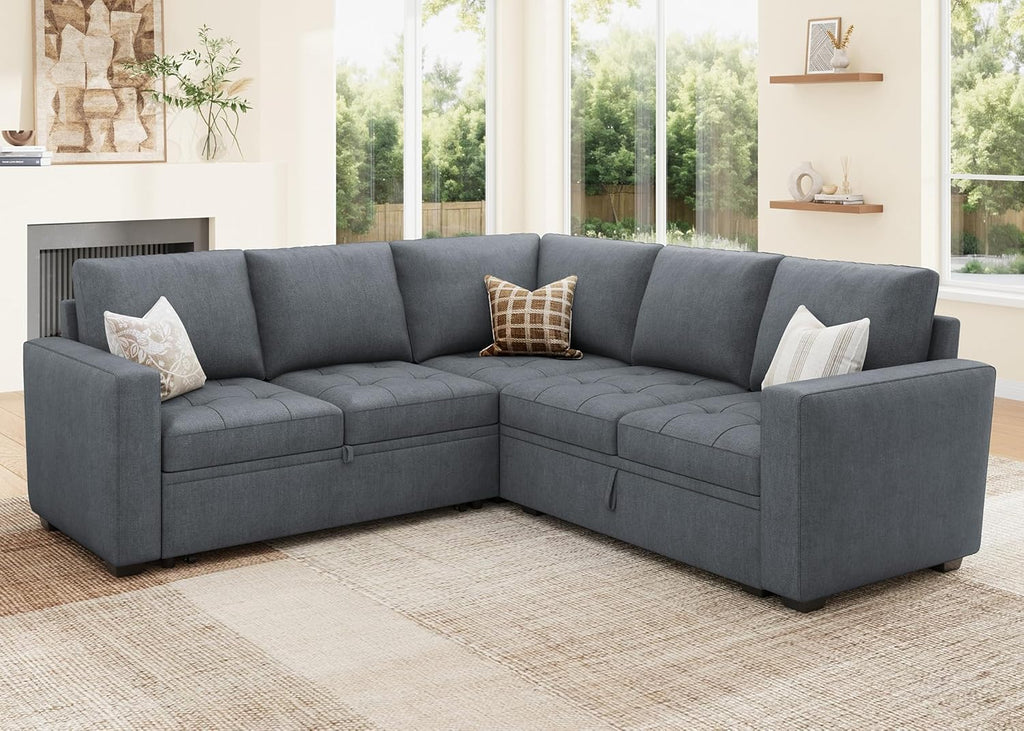 HONBAY Modular Sectional Sleeper Sofa with Pull Out Couch Bed, L Shaped Couch with Storage Seat, Sectional Couches for Living Room,Bluish Grey