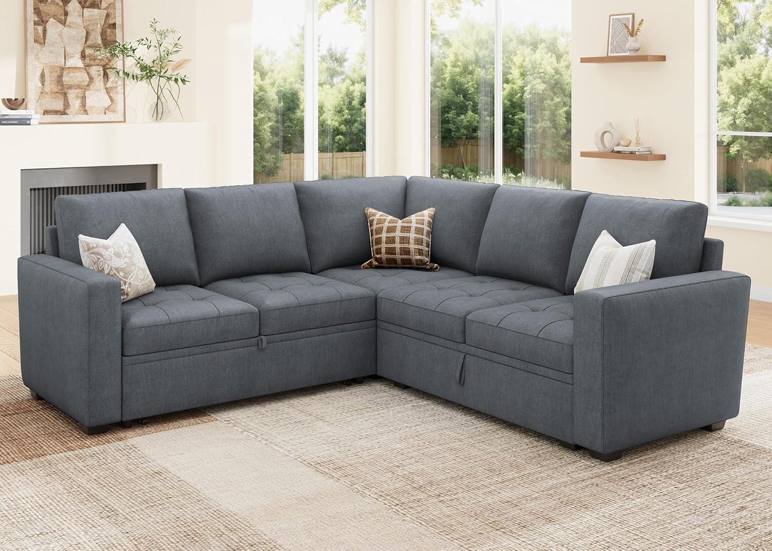 HONBAY Modular Sectional Sleeper Sofa with Pull Out Couch Bed, L Shaped Couch with Storage Seat, Sectional Couches for Living Room,Bluish Grey