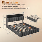 PRAISUN Bed Frame Queen Size with Upholstered Headboard & Charging Station, Queen Bed Frame with 4 Storage Drawers, 2-Tier Open Shelves, No Box Spring Needed, Slient Foam Strip, Easy Assembly, Grey