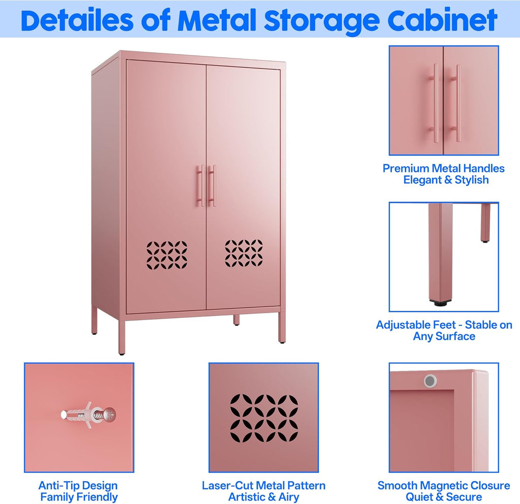 Metal Storage Cabinet with Adjustable Shelves,Metal Sideboard Cabinet with 2 Doors for Home,Office, 42" H x 26" W x 14" D,Assembly Required,Pink