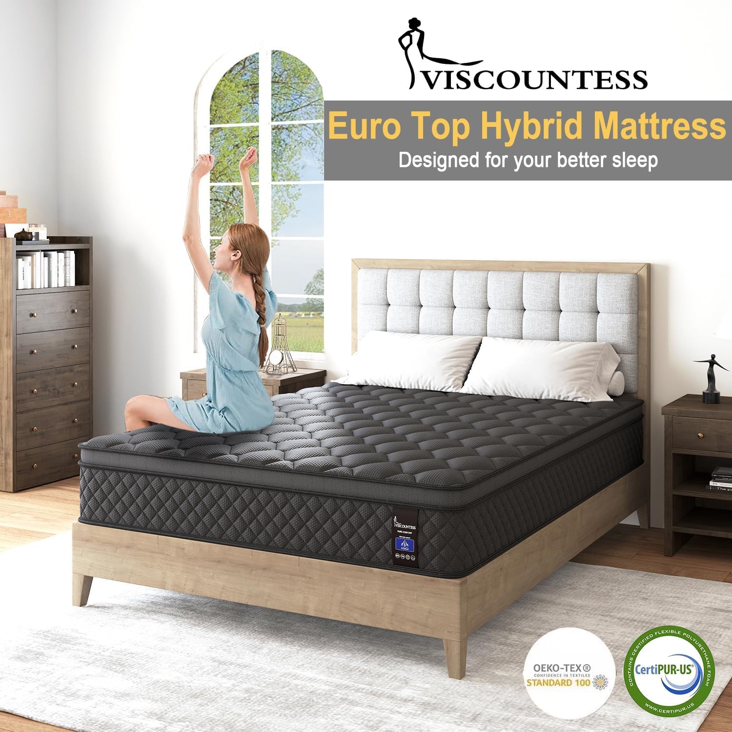 King Mattress 14 Inch,Hybrid Mattresses Euro Top Medium Firm for Back & Lumbar Support, 100 Night Trial, Individual Pocket Spring Bed for Motion Isolation & Pressure Relief Black